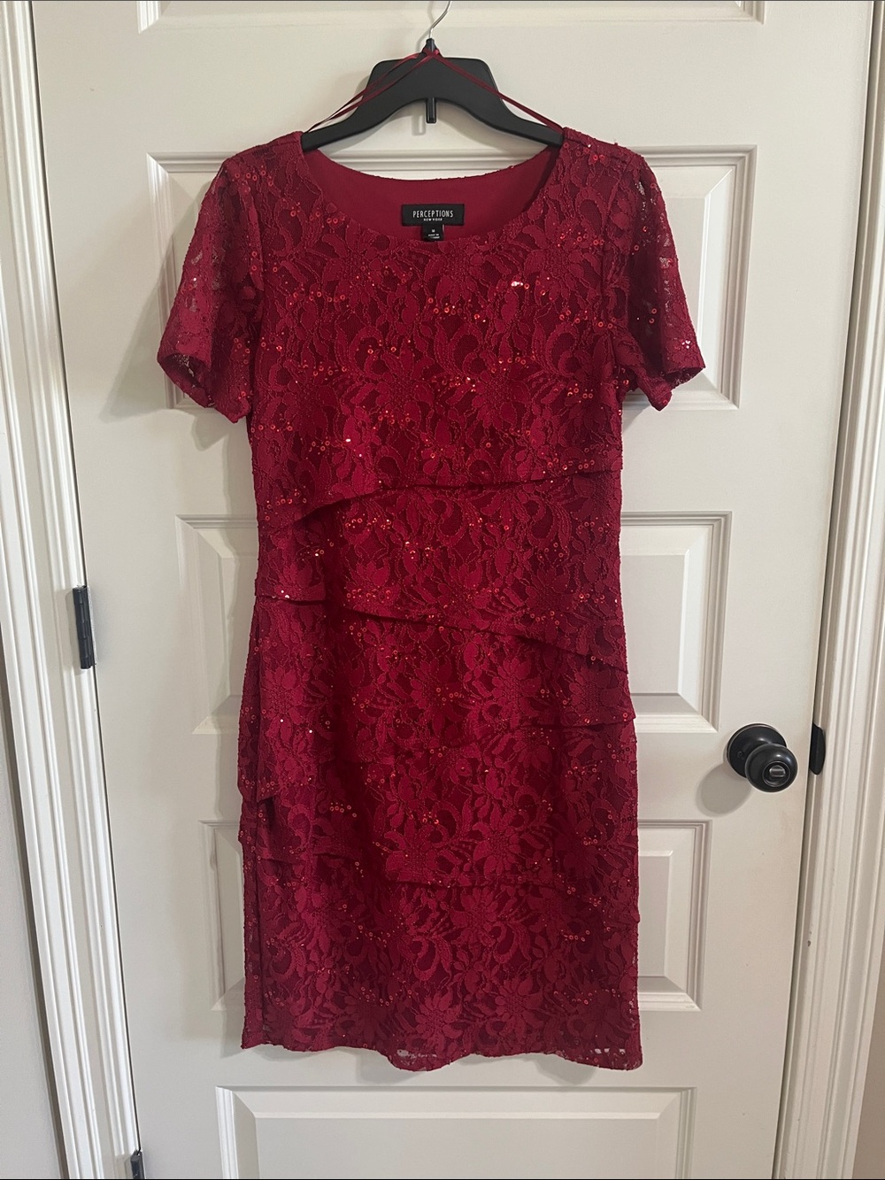 Perceptions Red Lace & Sequin Tiered Short-Sleeve Dress never worn